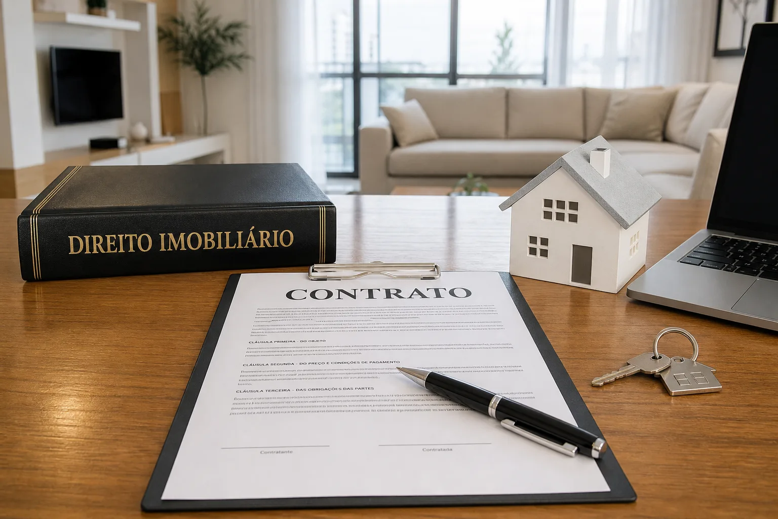 Assinatura de contrato imobiliário em mesa clara.
