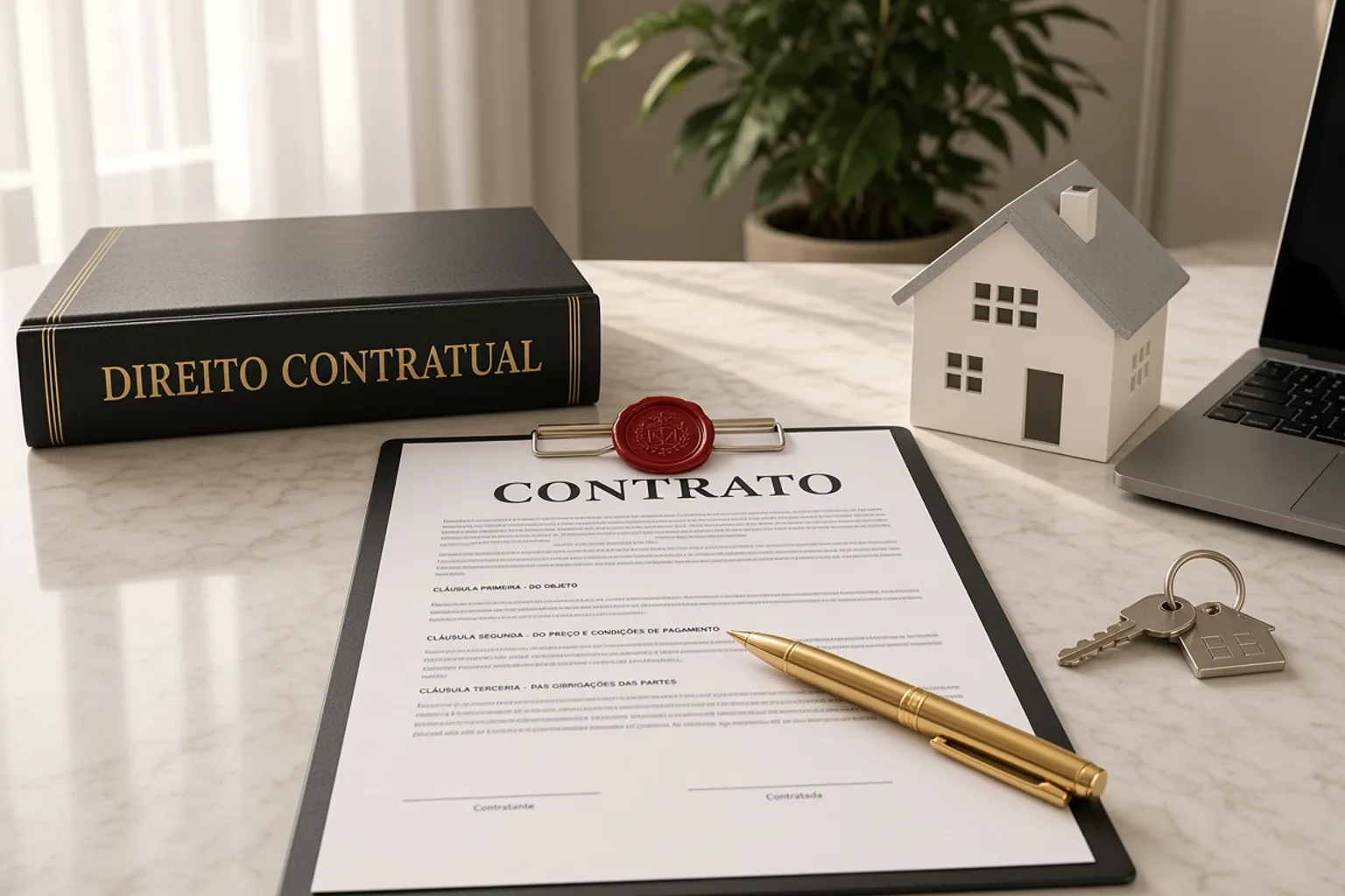 Contrato em prancheta, livro de Direito Contratual e caneta sobre mesa clara.