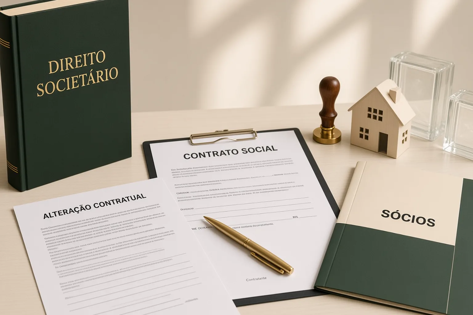 Livro de Direito Societário, contrato social e alteração contratual sobre mesa clara.