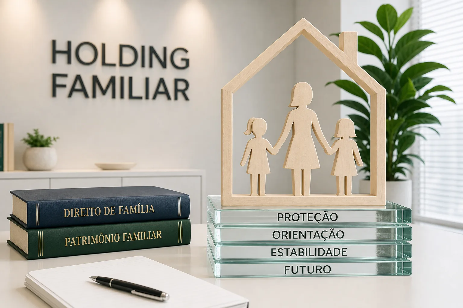 Casa em madeira com figuras familiares sobre blocos de vidro, em escritório claro.