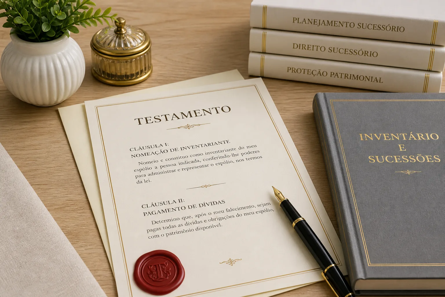 Documentos sucessórios sobre mesa clara.