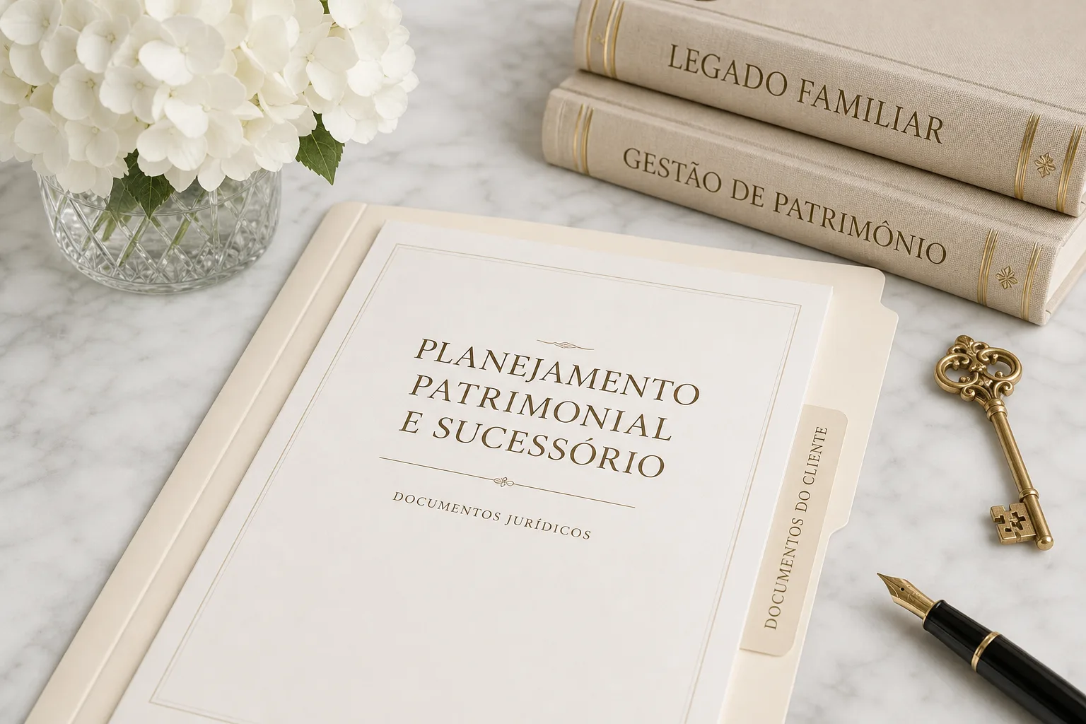 Pasta de planejamento patrimonial e sucessório sobre mármore claro, com chave e caneta.