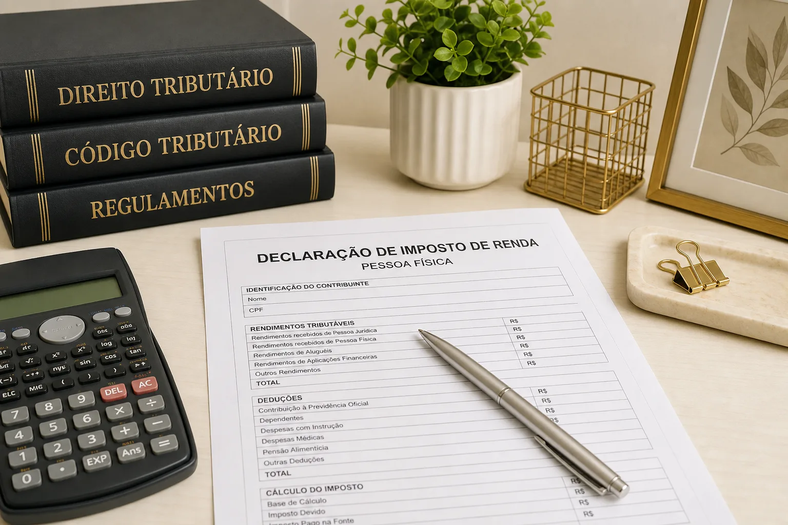 Calculadora científica e documentos fiscais sobre mesa clara, em luz natural suave.