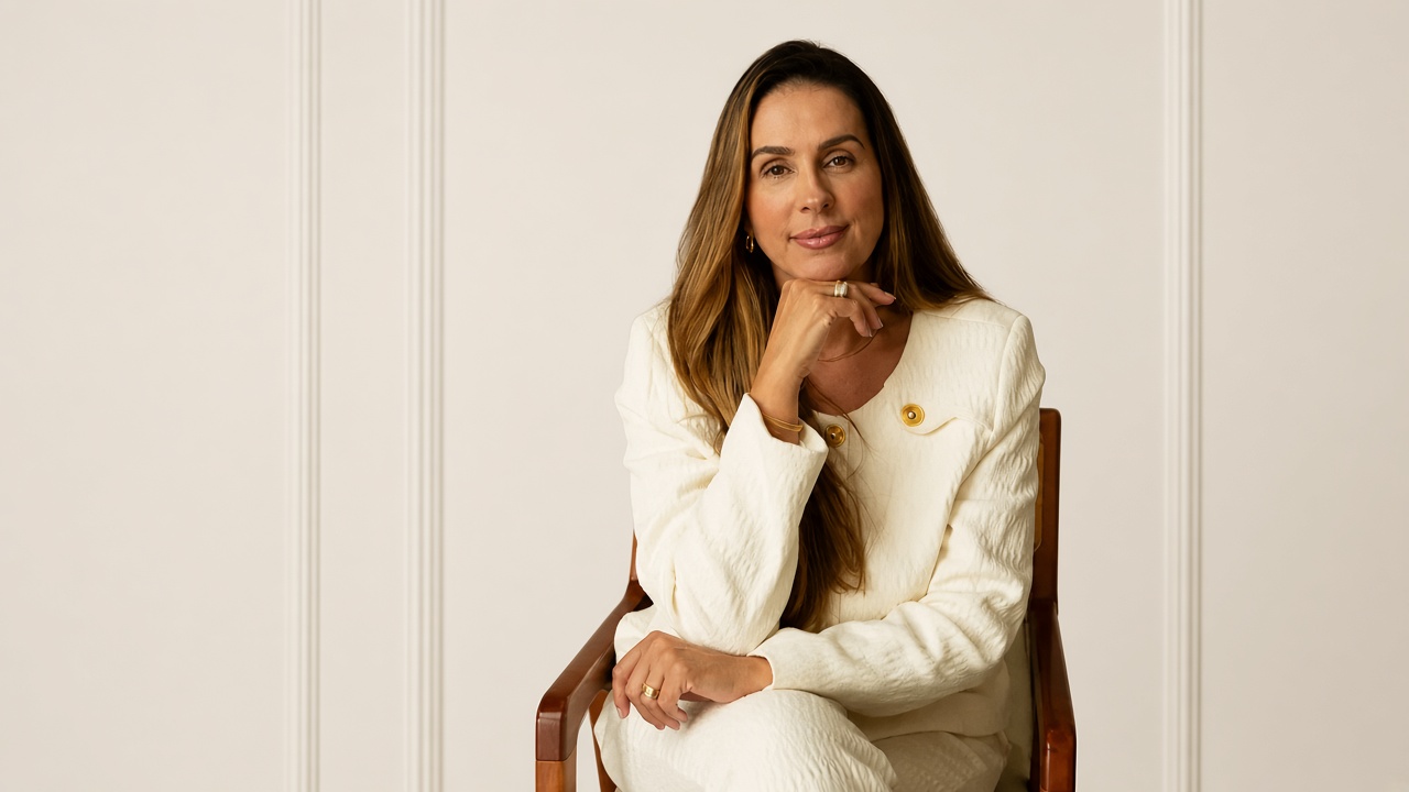 Dra. Adriana Mestre sentada, de blazer claro, em ambiente com painéis em tom neutro.